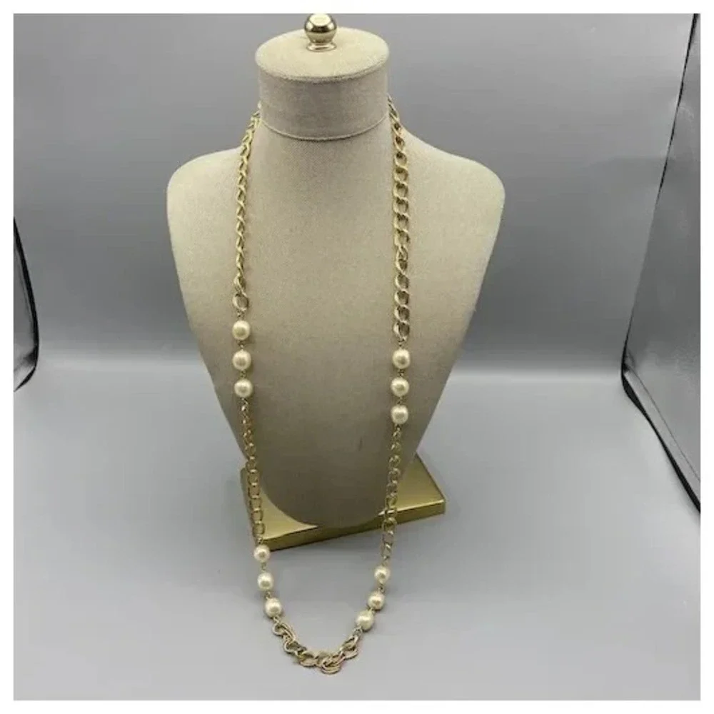 Napier Gold‎ Tone Chain Stationed Faux Pearl Chunky Link Necklace 35